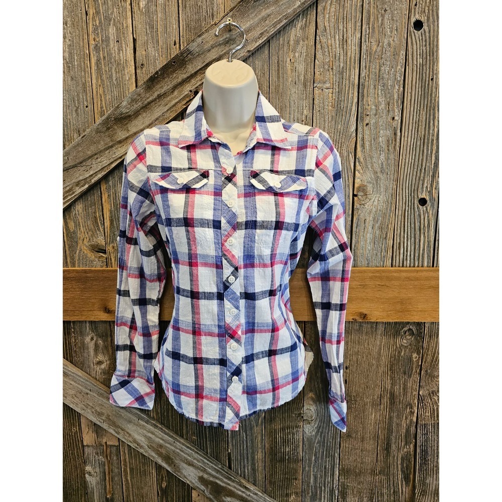 Columbia Womens XS roll tab sleeve button up red white and blue EUC
